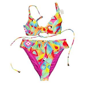 Watercolors By Kenny Flowers Bikini Top Bottom Swim Hawaiian Parrot XS NWT